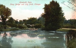 Vintage Postcard Humboldt Park Stony Bridge Lily Pond Lake Tree Chicago Illinois