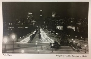 RPPC Benjamin Franklin Parkway At Night Philadelphia, PA c1940s Vintage Postcard