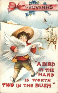 Proverbs Little Boy with Squawking Goose A Bird in the Hand c1910 Postcard