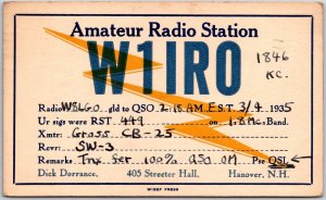 1935 QSL Radio Card Code W1IRO Hanover NH Amateur Station Radio Vintage Postcard