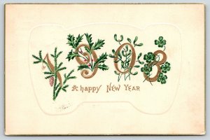 New Year~Ornate Large Number 1908~Pine Cone~Holly Berry~Mistletoe~Shamrock~Gold