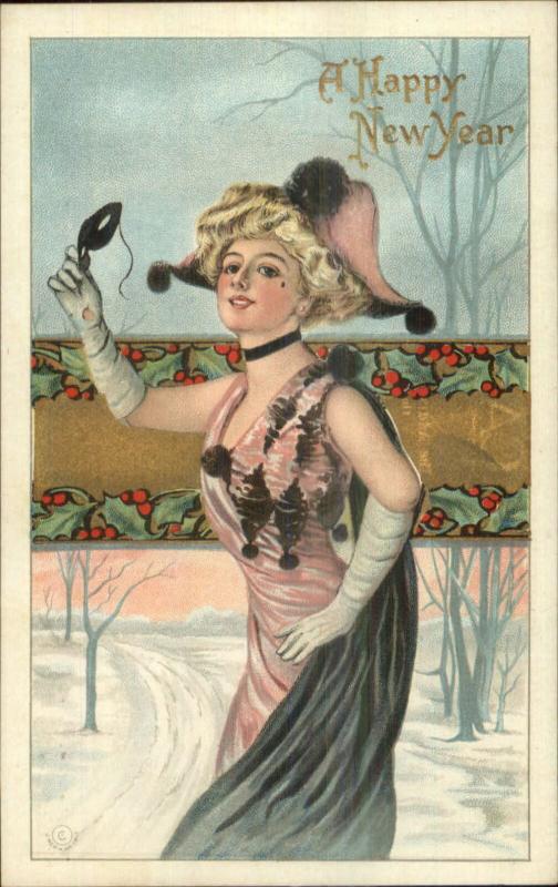 New Year - Beautiful Woman Takes Off Mask c1910 Embossed Postcard