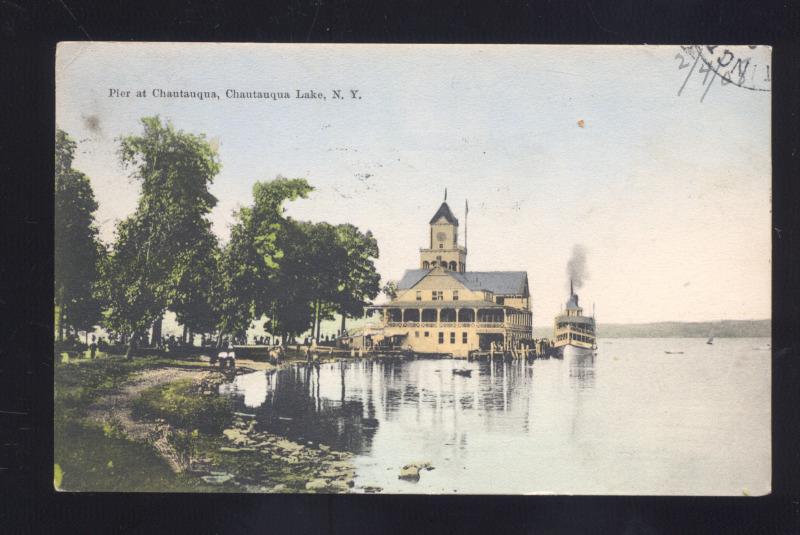 CHAUTAUQUA LAKE NEW YORK PIER AT CHAUTAUQUA NY ANTIQUE VINTAE POSTCARD BOAT