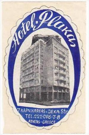 GREECE ATHENS HOTEL PLAKAS VINTAGE LUGGAGE LABEL