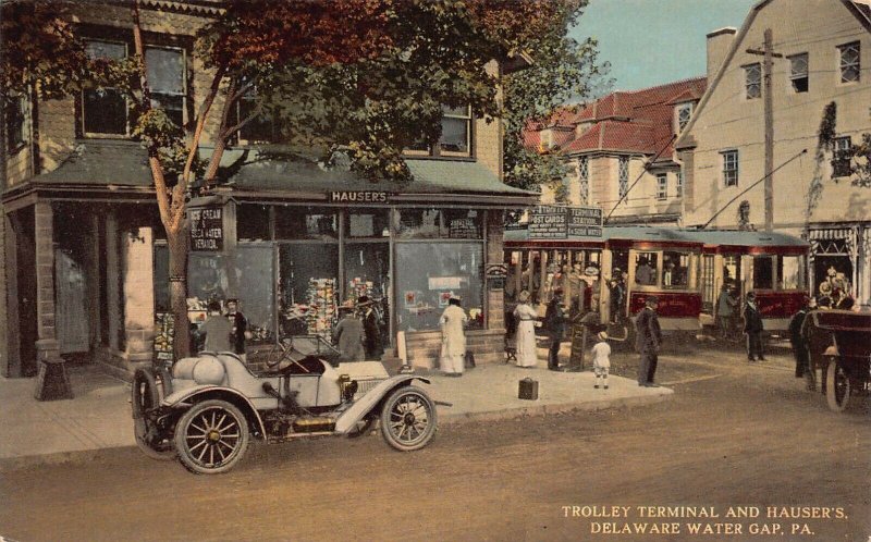 Trolley Terminal & Hauser's, Delaware Water Gap, PA., Early Postcard, Unused