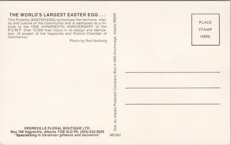 Vegreville Alberta World's Largest Easter Egg Pysanky Unused Postcard E77