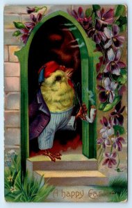 A HAPPY EASTER Embossed DRESSED CHICK Smoking Pipe c1910s  Postcard