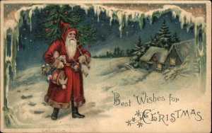 Christmas Santa Claus Toys Tree House Snow Embossed c1900s-20s Postcard