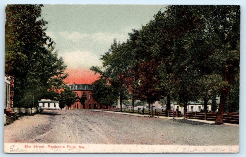 2 Postcards MECHANIC FALLS, Maine ME ~ Summer/Winter ELM STREET Scenes 1906