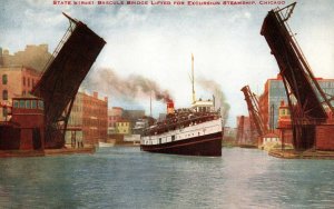 Chicago Illinois IL State Street Bascule Bridge Lifted Steamship Postcard 