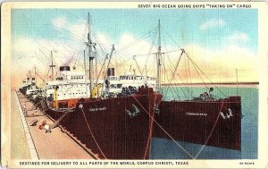 Seven Big Ocean Going Ships Cargo Corpus Christi Texas c1936 Postcard