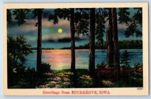 Buckgrove Iowa IA Postcard Greetings Moonlight Lake And Trees c1940's Vintage