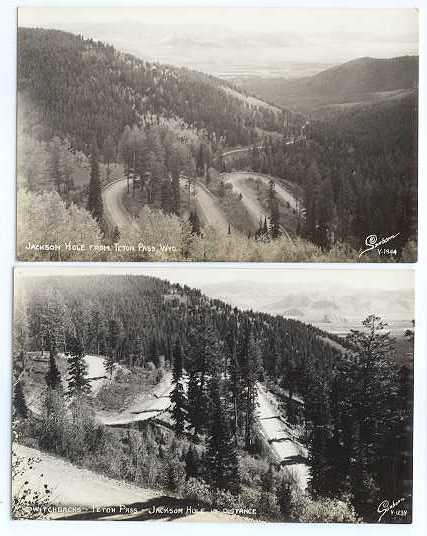 2 Cards RPPC Jackson Hole from Teton Pass & Switchbacks, Wyoming