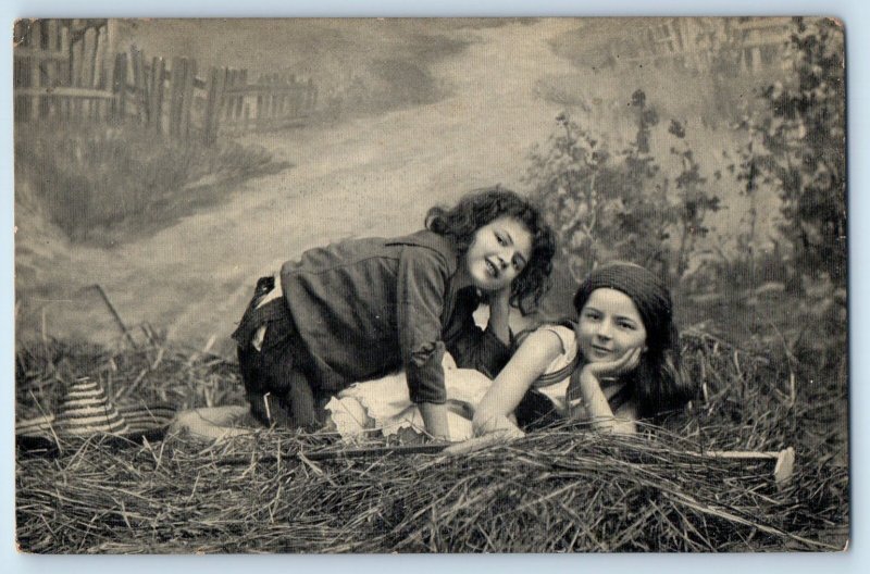 c1910's Children Playing in Hay Hat Scene Field Unposted Antique Postcard