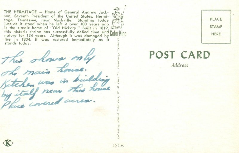 Vintage Postcard The Hermitage Home Of General Andrew Jackson Near Nashville TN