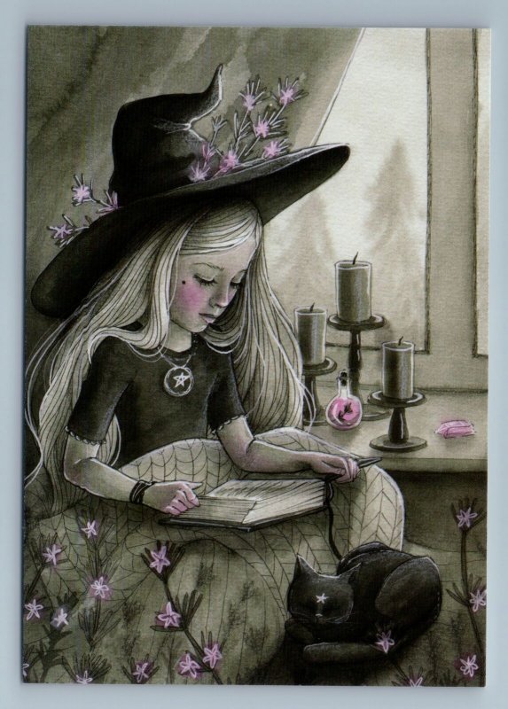 LITTLE GIRL w/ Long Hair n Black CAT Rosemary Witch Candle Russian New Postcard