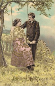 Happy Pentecost Couple outside Woman on a Swing Set Embossed  Postcard 07.11