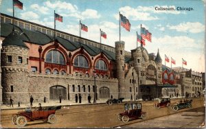 Postcard Automobiles Outside The Coliseum in Chicago, Illinois