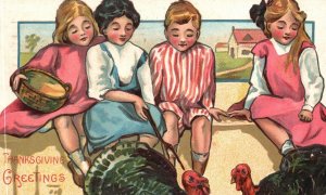 Thanksgiving Greetings Children Sitting With Turkeys Vintage Postcard 1912