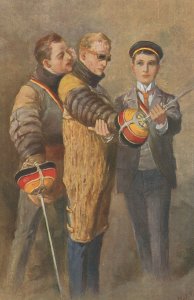 German Soldier Learning To Sword Fight With Blind Glasses Old Postcard