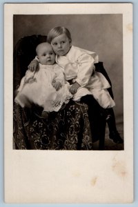 c1910's Little Boy And Cute Baby Studio RPPC Photo Unposted Antique Postcard