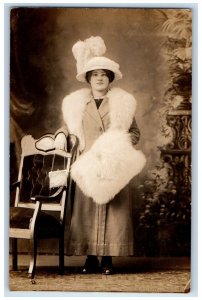 c1910's Pretty Woman Handwarmer Studio Portrait RPPC Photo Antique Postcard