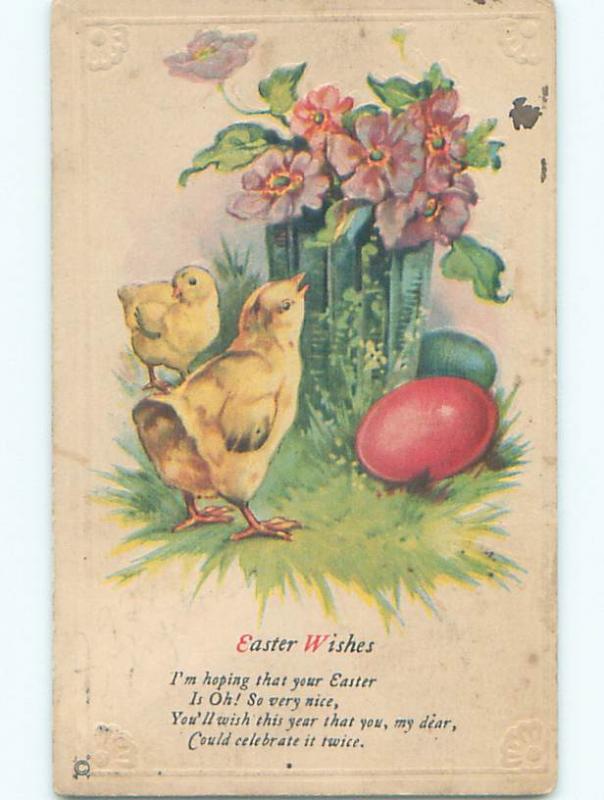 Pre-Linen easter CHICKS WITH FLOWERS IN ANTIQUE VASE k2378