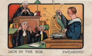 Jack In The Box Parrott Budgie Swearing In Court Judge Comic Postcard