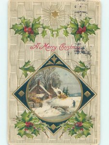 Divided-Back christmas BRIDGE OVER ICY RIVER BY SNOW COVERED HOUSES o4272