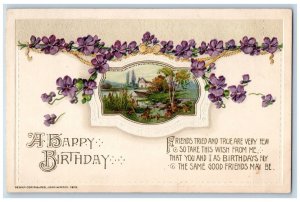 John Winsch Artist Signed Postcard Birthday Flowers Boat Scene Embossed c1910's