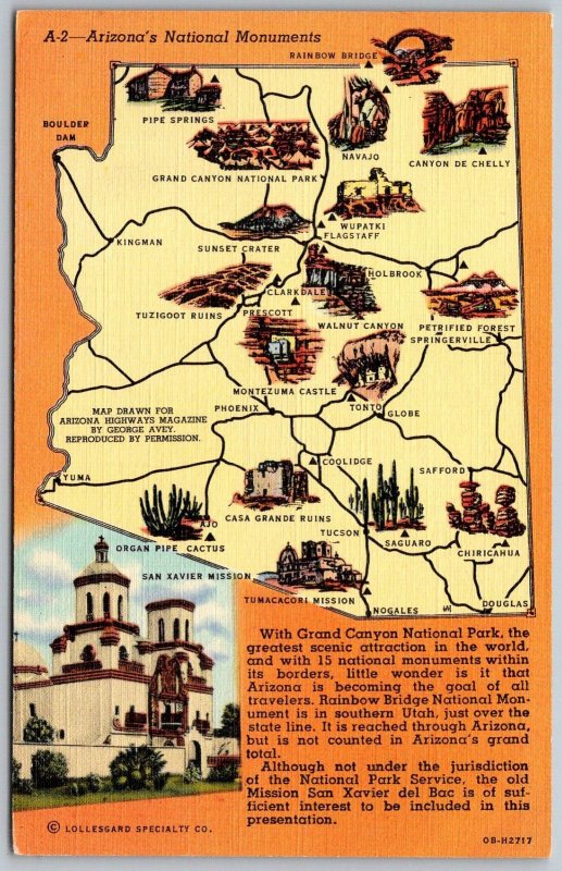 Arizona National Monument 1940s Linen MAP Curt Teich Postcard