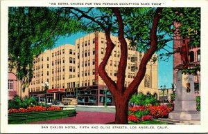 Fifth & Olive Street San Carlos Hotel Los Angeles CA Linen Postcard UNP