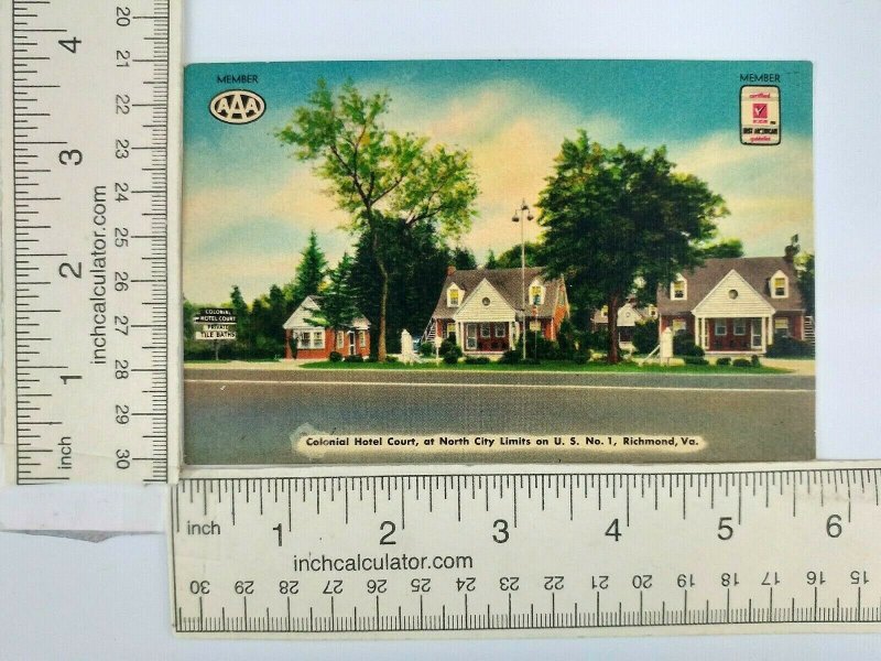 Colonial Hotel Court Motel Postcard Richmond VA US 1 1940s Street Cottages Linen