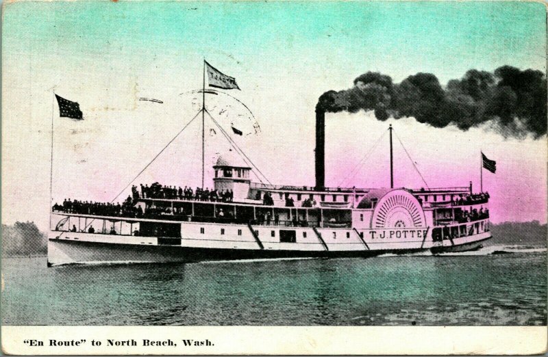 Steamer TJ Potter En Route  Long Beach Washington WA 1910 Vtg Postcard