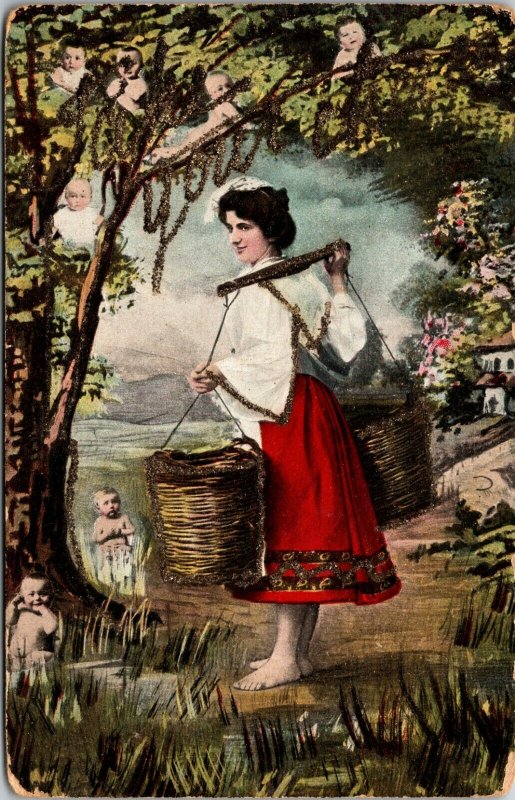 RARE BABIES IN TREES AND WATER - LADY HOLDING BASKETS - WIERDO VINTAGE POSTCARD