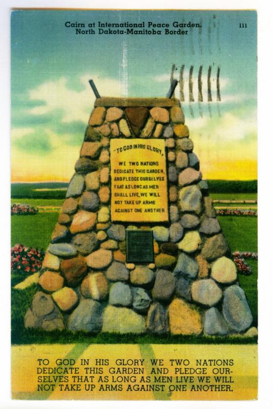 Valley City, North Dakota to Simpson, Kansas 1948 used PC, Cairn at Peace Garden