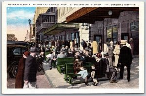 Vtg St Petersburg Florida FL Green Benches At Fourth & Central Avenue Postcard