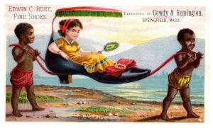 1734  Edwin C. Burt  Fine Shoes Trade Card Girl in Shoe carried by black boys