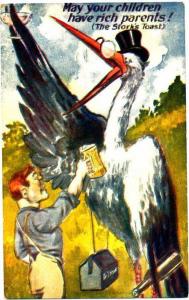 Stork Toasts To Rich Parents Birth Postcard