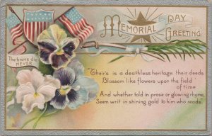 Patriotic Postcard Memorial Day Greeting The Brave Never Die Flags + Flowers