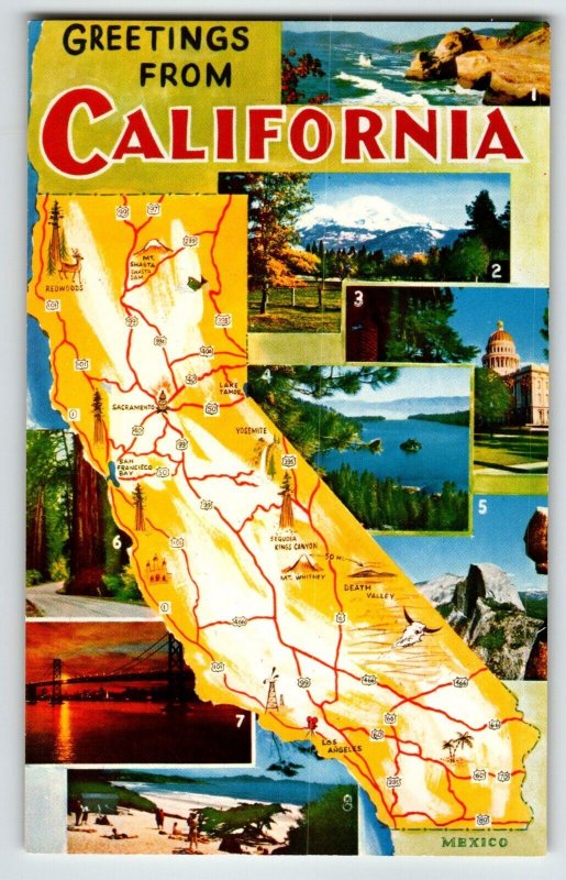 Greetings From California Map Postcard Chrome State Unused Coast Beaches Lakes