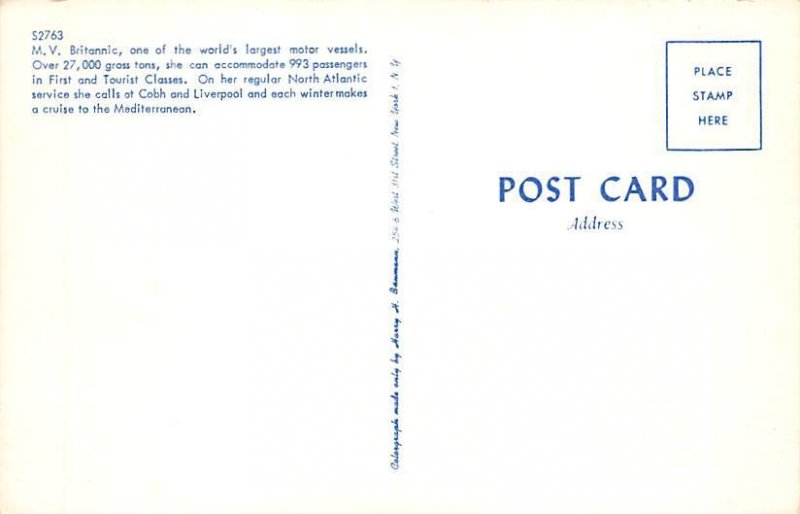 MV Britannic White Star Line Unused 