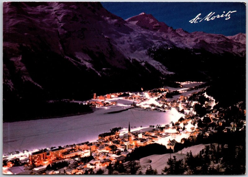 St. Moritz Switzerland bei Nacht Night View Streets and Buildings Postcard