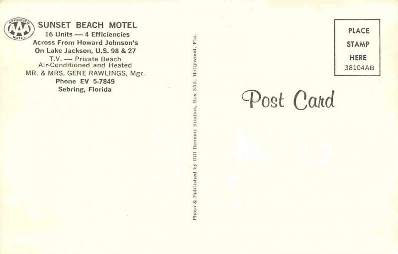 Sunset Beach Motel US 98 27 Lake Jackson Sebring Florida postcard