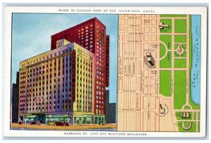 c1940 Chicago Stop Harrison Hotel Harrison Map St. Just Off Michigan MI Postcard