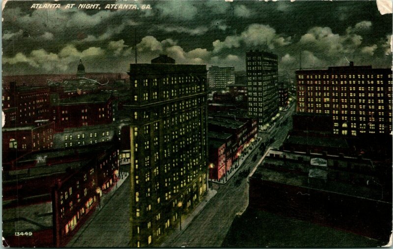 Vtg Postcard c 1908 Atlanta At Night - Bird's Eye View Atlanta GA Unused 