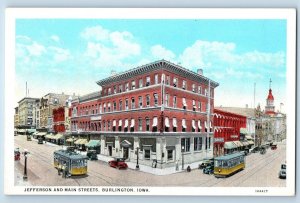 Burlington Iowa IA Postcard Jefferson And Main Streets Building Exterior c1920's