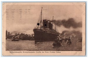 1913 Express Steamer Kroprinzessin Cecilie in New York Harbor NY Postcard