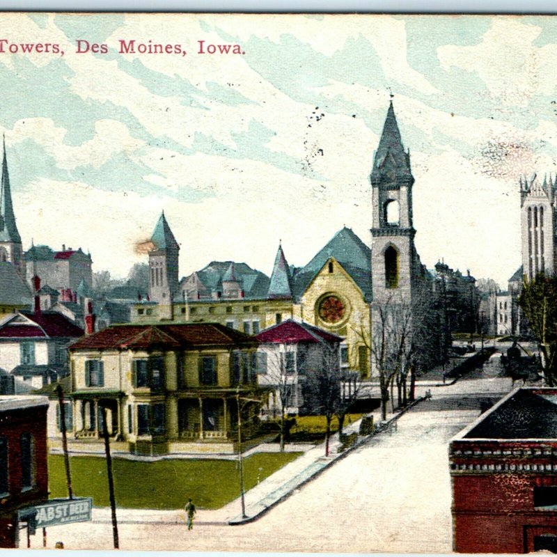 c1910s Des Moines, IA Seven Downtown Churches Postcard Bell Tower Pabst Beer A41