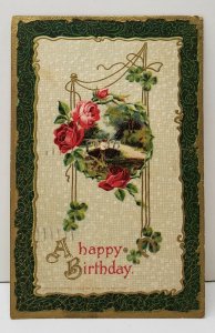 Beautiful Birthday Embossed Roses Gold Gild Fishing Scene Dresden Postcard C14